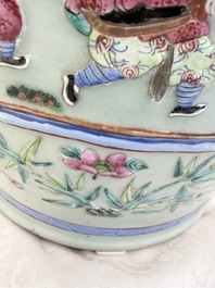 A pair of large Chinese famille rose celadon-ground 'Romance of the Three Kingdoms' vases, 19th C.