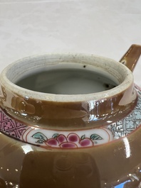A Chinese famille rose capucine-ground covered teapot with floral design, seven cups and saucers, Yongzheng/Qianlong