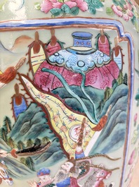 A pair of large Chinese famille rose celadon-ground 'Romance of the Three Kingdoms' vases, 19th C.