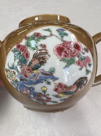 A Chinese famille rose capucine-ground covered teapot with floral design, seven cups and saucers, Yongzheng/Qianlong