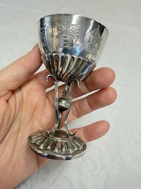 A Chinese silver 'Dragon' vase, two stem cups and a handled cup, various marks, 19/20th C.