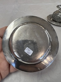 A pair of Chinese silver jarlets, a pair of saucer dishes, a rectangular casket and a cylindrical box, 19/20th C.