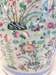 A pair of large Chinese famille rose celadon-ground 'Romance of the Three Kingdoms' vases, 19th C.