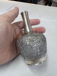 A Chinese Canton or Vietnamese silver bottle vase with landscape design and six cups, 19th C.