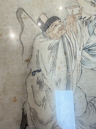 Three Chinese school paintings, ink and colour on silk and paper, signed Cui Feng 崔鳯, Wang Tingrong 王廷榕, Sushi 苏氏 seal mark, 19/20th C.