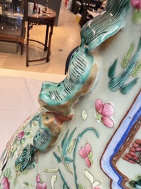 A pair of large Chinese famille rose celadon-ground 'Romance of the Three Kingdoms' vases, 19th C.