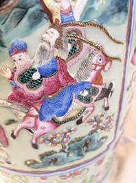A pair of large Chinese famille rose celadon-ground 'Romance of the Three Kingdoms' vases, 19th C.