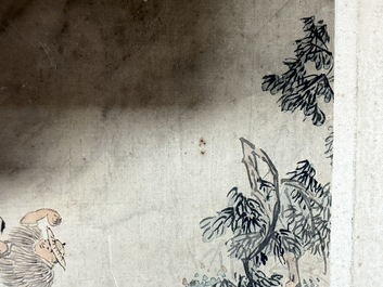 Three Chinese school paintings, ink and colour on silk and paper, signed Cui Feng 崔鳯, Wang Tingrong 王廷榕, Sushi 苏氏 seal mark, 19/20th C.
