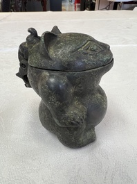 A rare Chinese archaistic bronze bear-form wine vessel, Gong 觥, Han or later