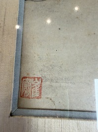 Three Chinese school paintings, ink and colour on silk and paper, signed Cui Feng 崔鳯, Wang Tingrong 王廷榕, Sushi 苏氏 seal mark, 19/20th C.