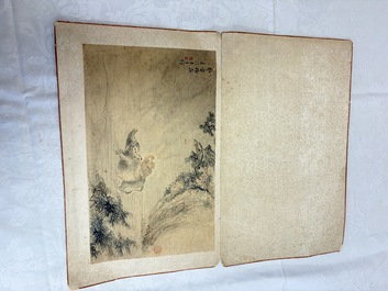 Three Chinese school paintings, ink and colour on silk and paper, signed Cui Feng 崔鳯, Wang Tingrong 王廷榕, Sushi 苏氏 seal mark, 19/20th C.