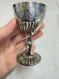 A Chinese silver 'Dragon' vase, two stem cups and a handled cup, various marks, 19/20th C.