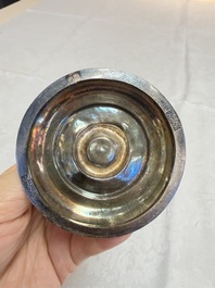 A Chinese silver 'Dragon' vase, two stem cups and a handled cup, various marks, 19/20th C.