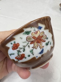 A Chinese famille rose capucine-ground covered teapot with floral design, seven cups and saucers, Yongzheng/Qianlong