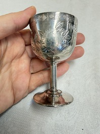 A Chinese silver 'Dragon' vase, two stem cups and a handled cup, various marks, 19/20th C.