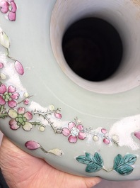 A pair of large Chinese famille rose celadon-ground 'Romance of the Three Kingdoms' vases, 19th C.
