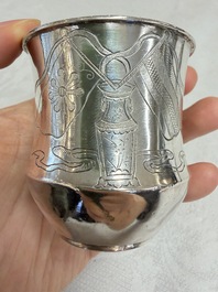 A Chinese silver 'Dragon' vase, two stem cups and a handled cup, various marks, 19/20th C.