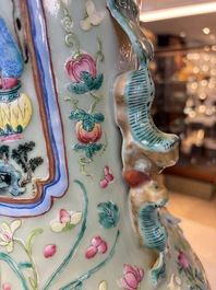 A pair of large Chinese famille rose celadon-ground 'Romance of the Three Kingdoms' vases, 19th C.