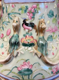 A pair of large Chinese famille rose celadon-ground 'Romance of the Three Kingdoms' vases, 19th C.