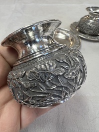 A pair of Chinese silver jarlets, a pair of saucer dishes, a rectangular casket and a cylindrical box, 19/20th C.