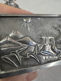 A pair of Chinese silver jarlets, a pair of saucer dishes, a rectangular casket and a cylindrical box, 19/20th C.