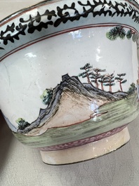 A pair of Chinese Canton enamel 'Wang Zhi Lan Ke 王質爛柯' and 'Poem' covered bowls, 18th C.