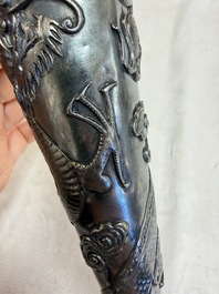 A Chinese silver 'Dragon' vase, two stem cups and a handled cup, various marks, 19/20th C.