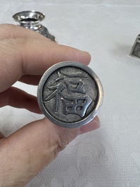 A pair of Chinese silver jarlets, a pair of saucer dishes, a rectangular casket and a cylindrical box, 19/20th C.
