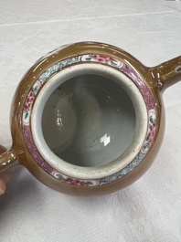 A Chinese famille rose capucine-ground covered teapot with floral design, seven cups and saucers, Yongzheng/Qianlong