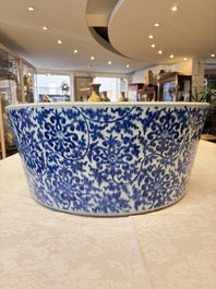 A massive Chinese blue and white 'Buddhist lotus scroll' circular basin, Kangxi