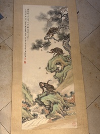 Cai Xian 蔡銑 (1897-1960): 'Playful Monkeys', ink and colour on paper, dated 1925