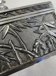 A pair of Chinese silver jarlets, a pair of saucer dishes, a rectangular casket and a cylindrical box, 19/20th C.
