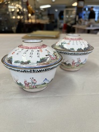 A pair of Chinese Canton enamel 'Wang Zhi Lan Ke 王質爛柯' and 'Poem' covered bowls, 18th C.