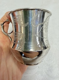 A Chinese silver 'Dragon' vase, two stem cups and a handled cup, various marks, 19/20th C.