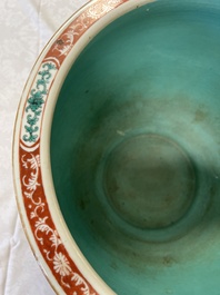 A Chinese famille verte pink-ground scroll pot with narrative design, 19th C.