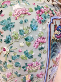A pair of large Chinese famille rose celadon-ground 'Romance of the Three Kingdoms' vases, 19th C.