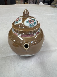 A Chinese famille rose capucine-ground covered teapot with floral design, seven cups and saucers, Yongzheng/Qianlong