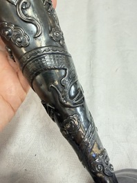 A Chinese silver 'Dragon' vase, two stem cups and a handled cup, various marks, 19/20th C.