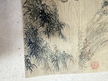 Three Chinese school paintings, ink and colour on silk and paper, signed Cui Feng 崔鳯, Wang Tingrong 王廷榕, Sushi 苏氏 seal mark, 19/20th C.