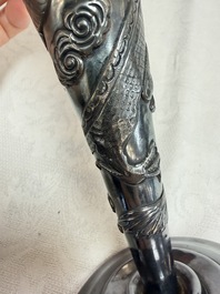 A Chinese silver 'Dragon' vase, two stem cups and a handled cup, various marks, 19/20th C.