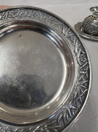 A pair of Chinese silver jarlets, a pair of saucer dishes, a rectangular casket and a cylindrical box, 19/20th C.