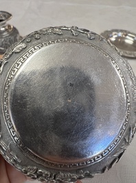 A pair of Chinese silver jarlets, a pair of saucer dishes, a rectangular casket and a cylindrical box, 19/20th C.
