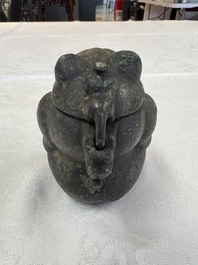 A rare Chinese archaistic bronze bear-form wine vessel, Gong 觥, Han or later
