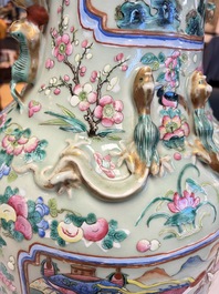 A pair of large Chinese famille rose celadon-ground 'Romance of the Three Kingdoms' vases, 19th C.