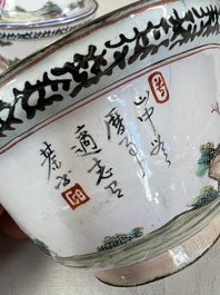 A pair of Chinese Canton enamel 'Wang Zhi Lan Ke 王質爛柯' and 'Poem' covered bowls, 18th C.