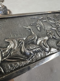 A pair of Chinese silver jarlets, a pair of saucer dishes, a rectangular casket and a cylindrical box, 19/20th C.