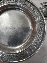 A pair of Chinese silver jarlets, a pair of saucer dishes, a rectangular casket and a cylindrical box, 19/20th C.