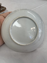 A Chinese famille rose capucine-ground covered teapot with floral design, seven cups and saucers, Yongzheng/Qianlong