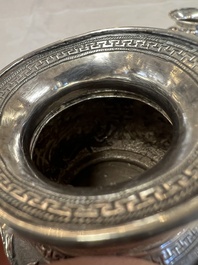 A pair of Chinese silver jarlets, a pair of saucer dishes, a rectangular casket and a cylindrical box, 19/20th C.