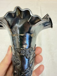 A Chinese silver 'Dragon' vase, two stem cups and a handled cup, various marks, 19/20th C.